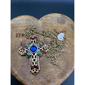Vintage Cross Avon Marked Necklace long chain burgundy jewelry Gold tone